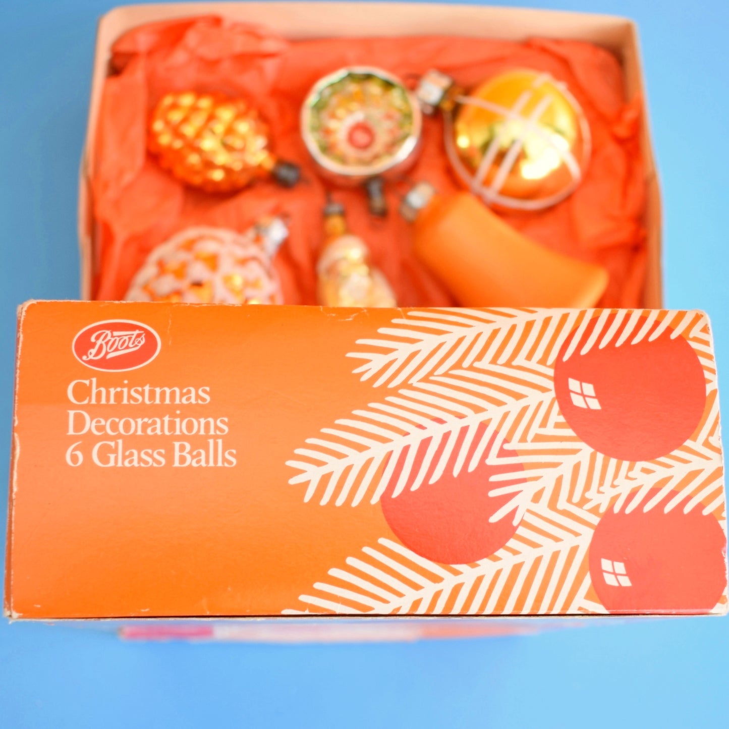 Vintage 1960/ 70s Glass Christmas Baubles -  Orange & Yellow x6 - Fab Box