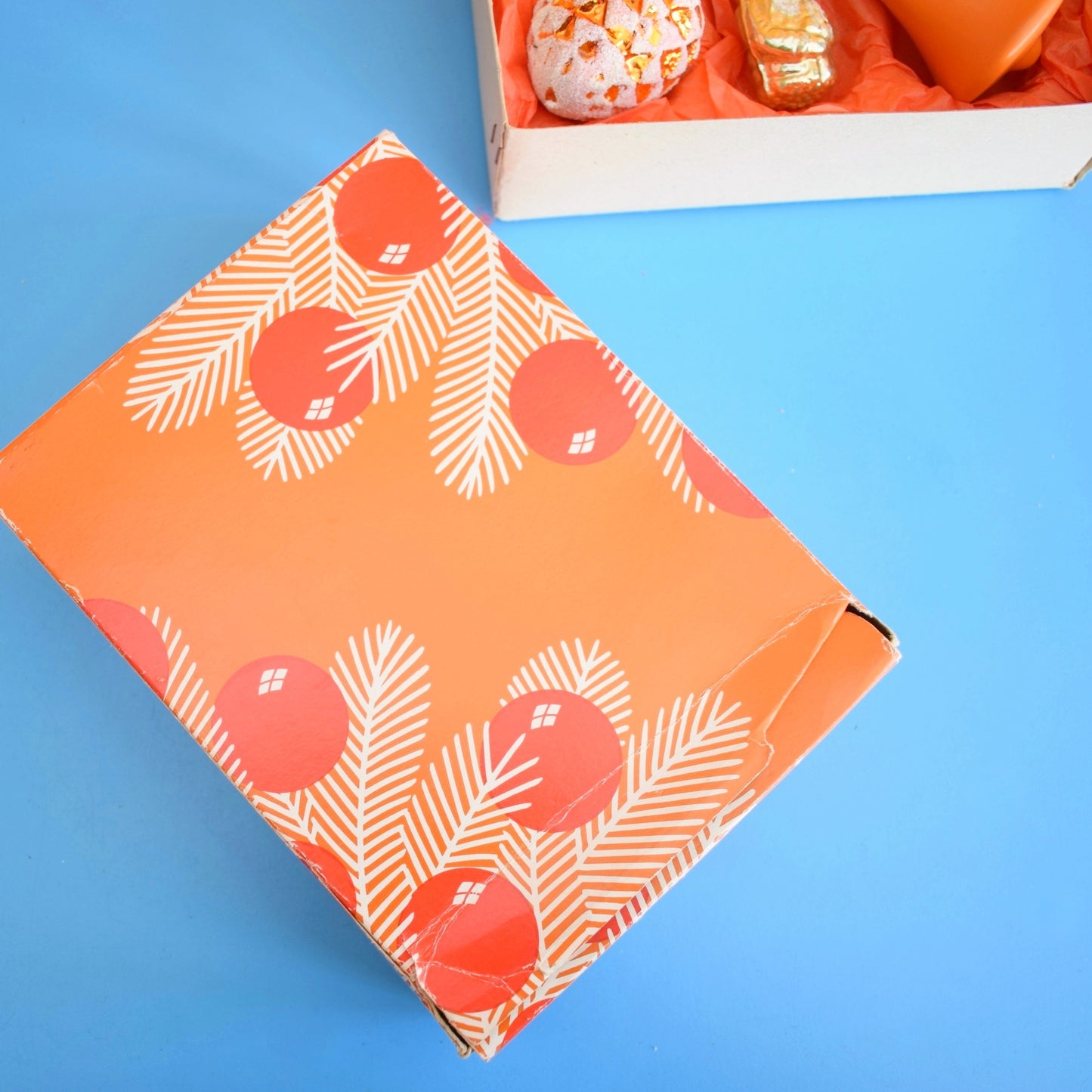 Vintage 1960/ 70s Glass Christmas Baubles -  Orange & Yellow x6 - Fab Box