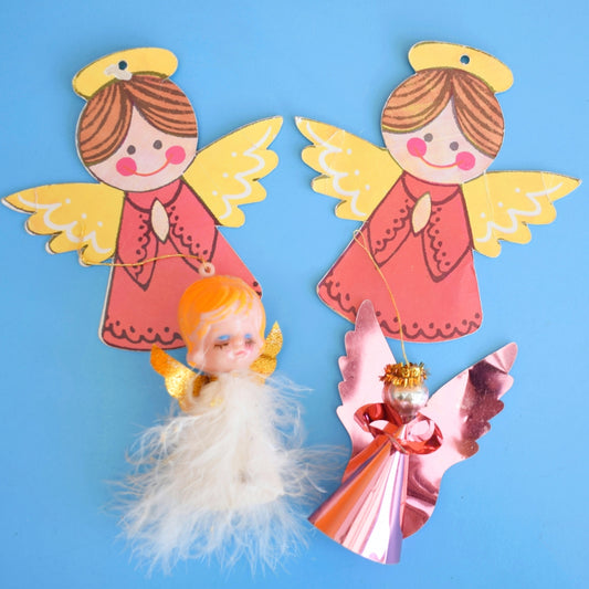 Vintage 1970s Kitsch Angel Decorations - Foil /Paper & Feather