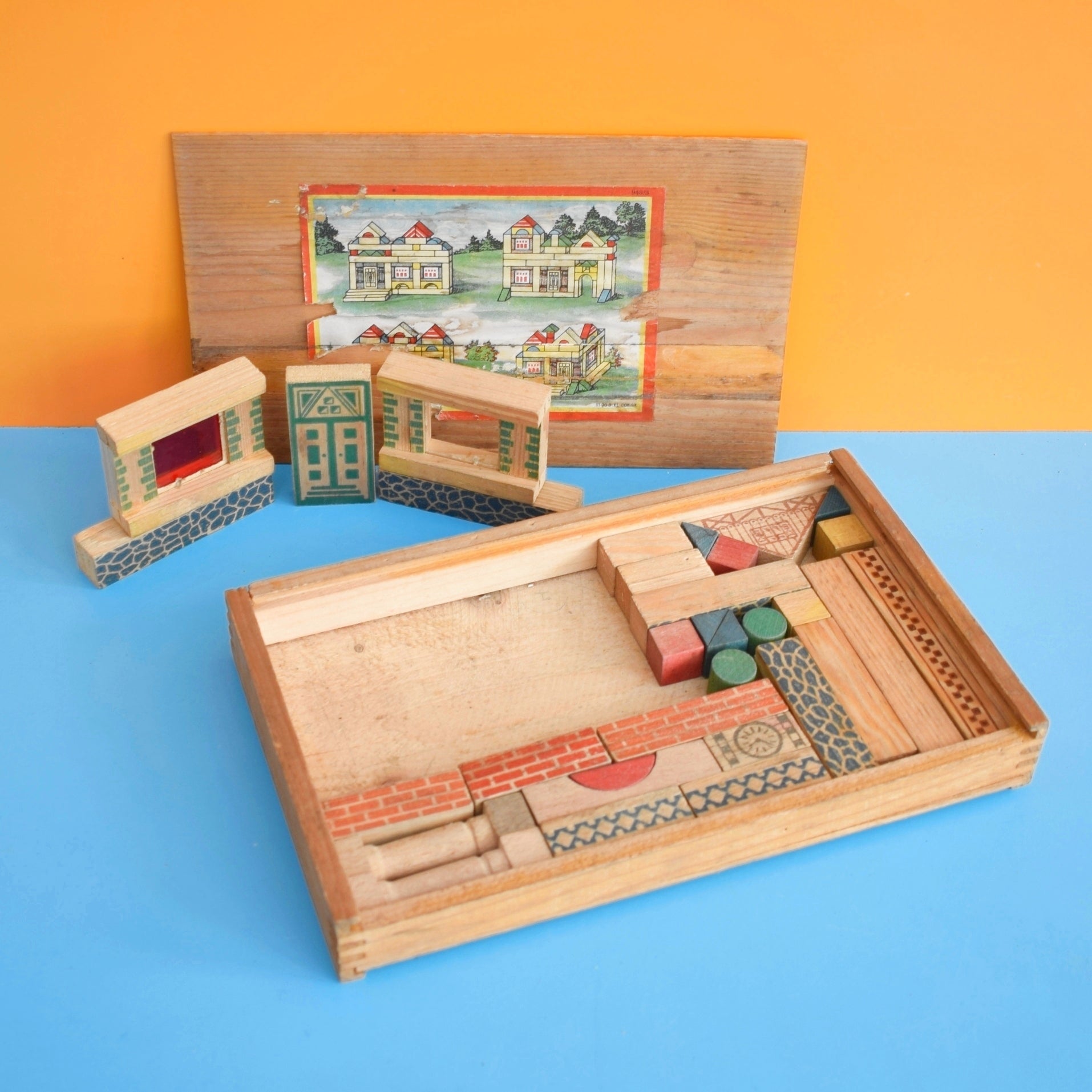 Vintage 1960s Mixed Wooden Building Blocks - Original Wooden Box by Vintage