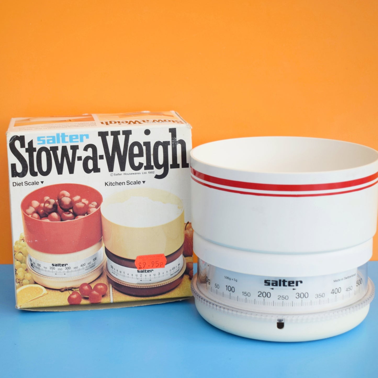 Vintage 1980s Salter Stow-A-Weigh Kitchen Scales - White & Red by Vintage