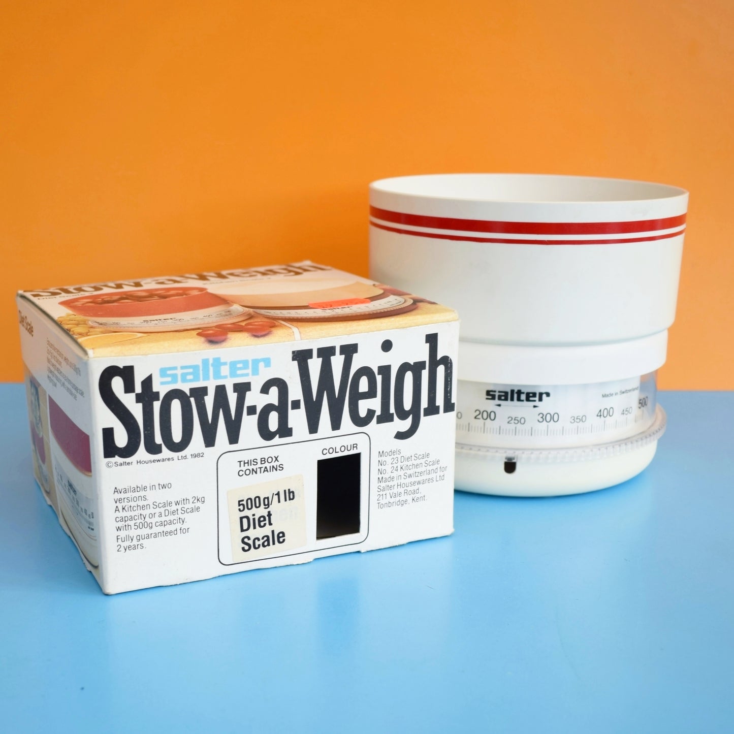 Vintage 1980s Salter Stow-A-Weigh Kitchen Scales - White & Red by Vintage