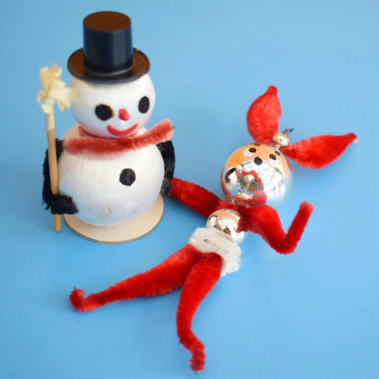 Vintage 1970s Christmas Decorations x2 - Satin Snowman / Bead/ Pipe Cleaner Rabbit