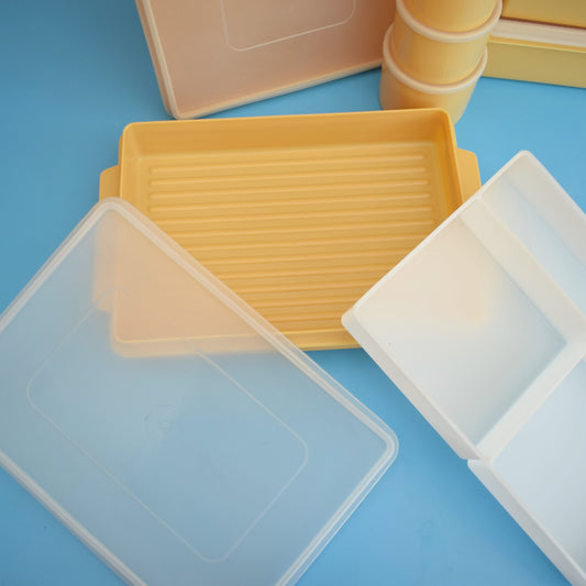 Vintage 1970s Plastic Tupperware Style Containers - Yellow - Crownware