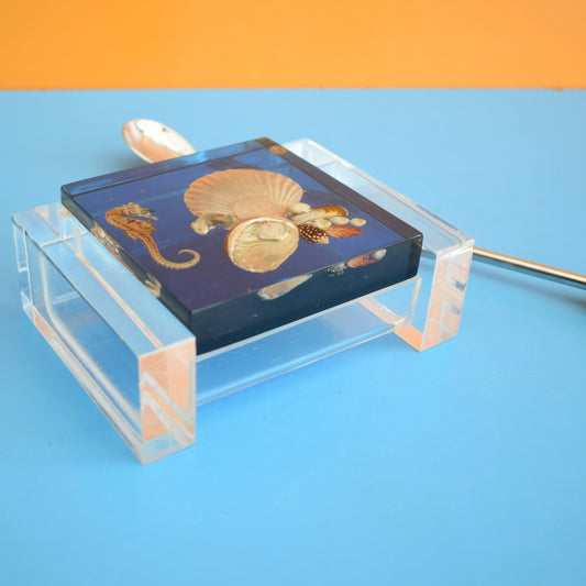 Vintage 1960s Lucite Box & Cocktail Spoon - Real Shell / Sea Horse