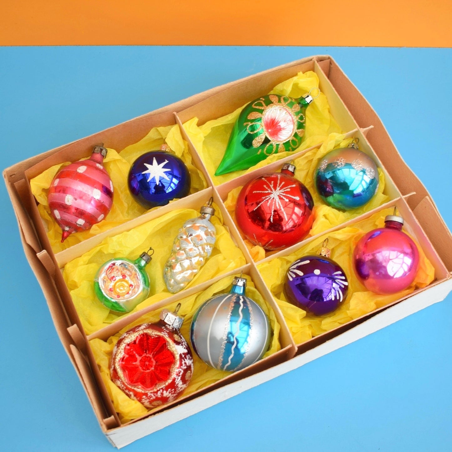 Vintage Mixed 1950s-90s Glass Christmas Baubles - Boxed by Pineapple Retro