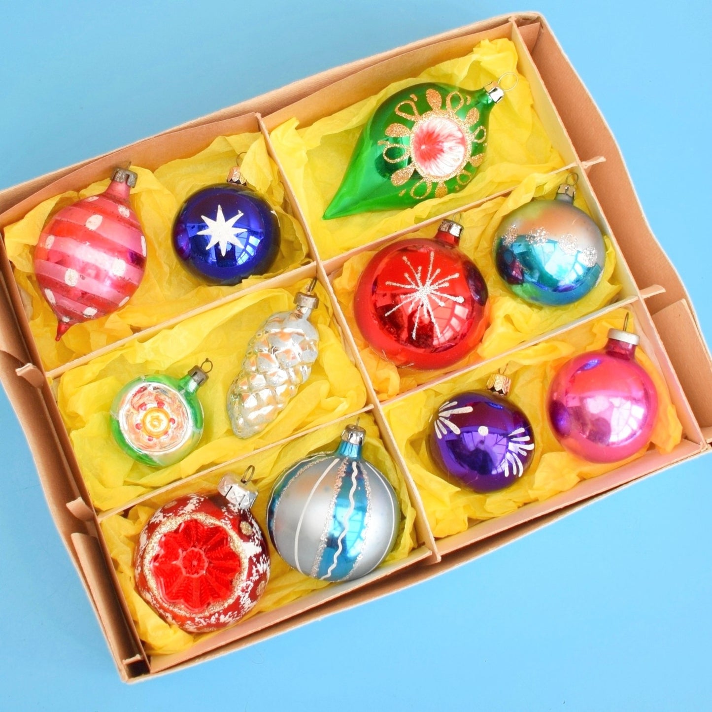 Vintage Mixed 1950s-90s Glass Christmas Baubles - Boxed by Pineapple Retro