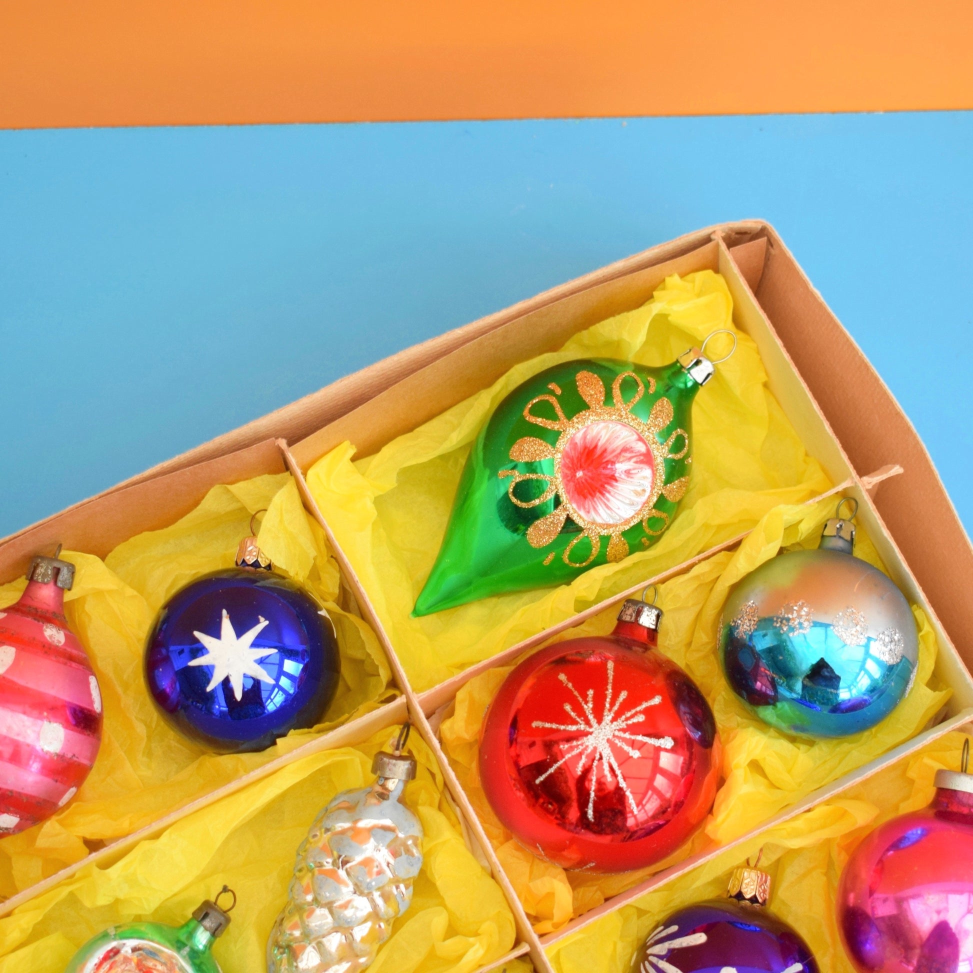 Vintage Mixed 1950s-90s Glass Christmas Baubles - Boxed by Pineapple Retro