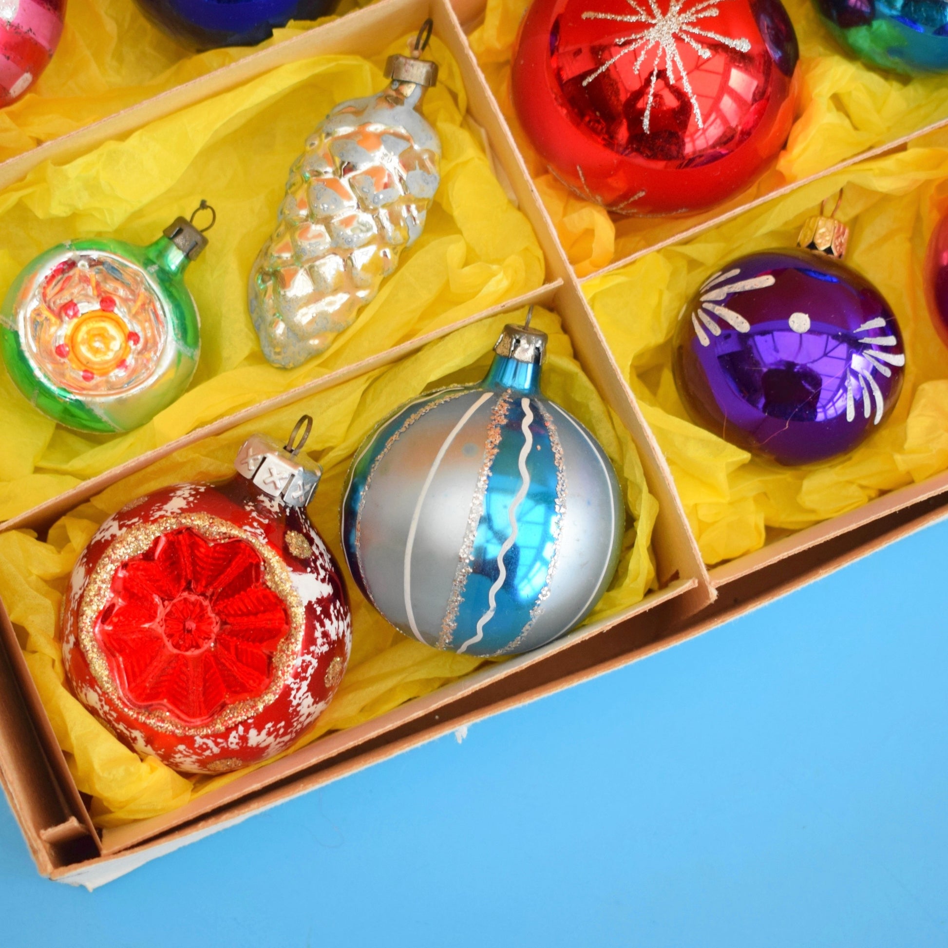 Vintage Mixed 1950s-90s Glass Christmas Baubles - Boxed by Pineapple Retro