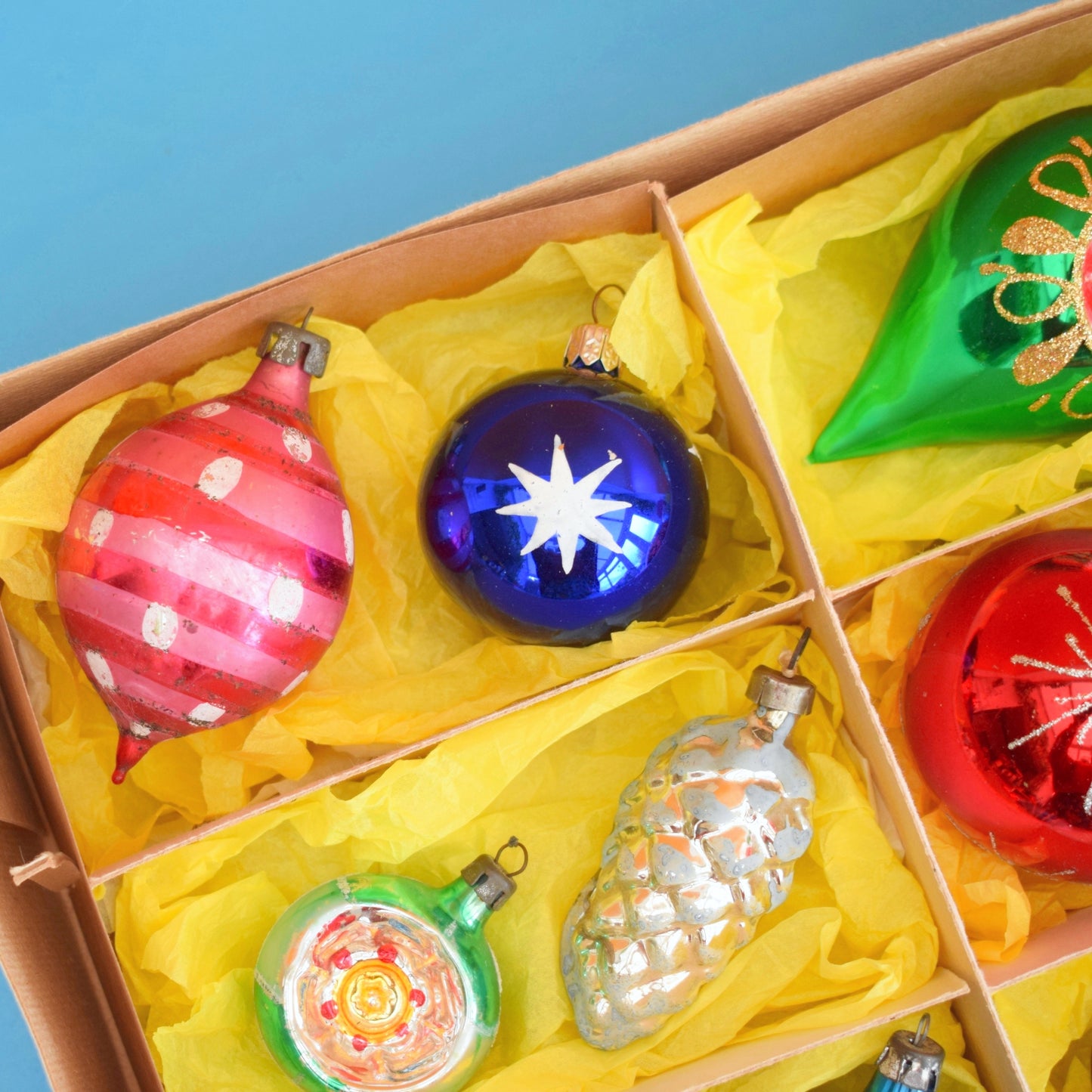 Vintage Mixed 1950s-90s Glass Christmas Baubles - Boxed by Pineapple Retro