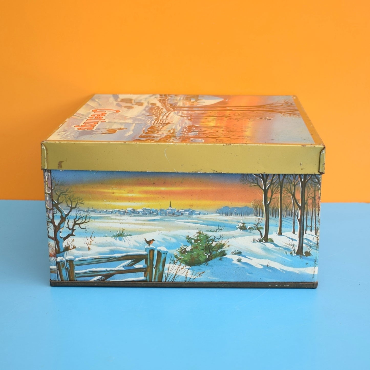 Vintage 1950s Christmas Biscuit Tin - Snow Scene