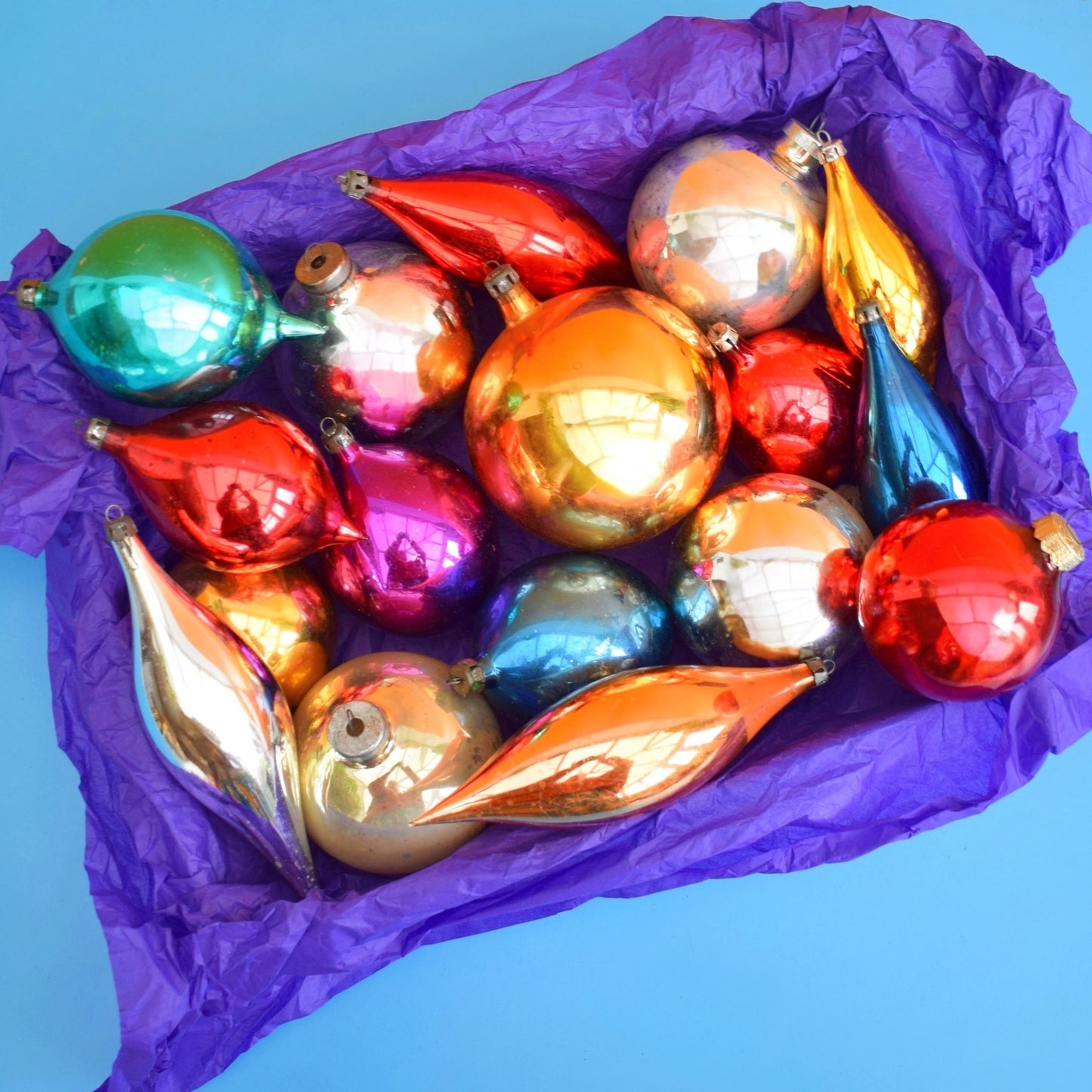 Vintage 1970s Glass Christmas Baubles - Large Tear Drops / Balls