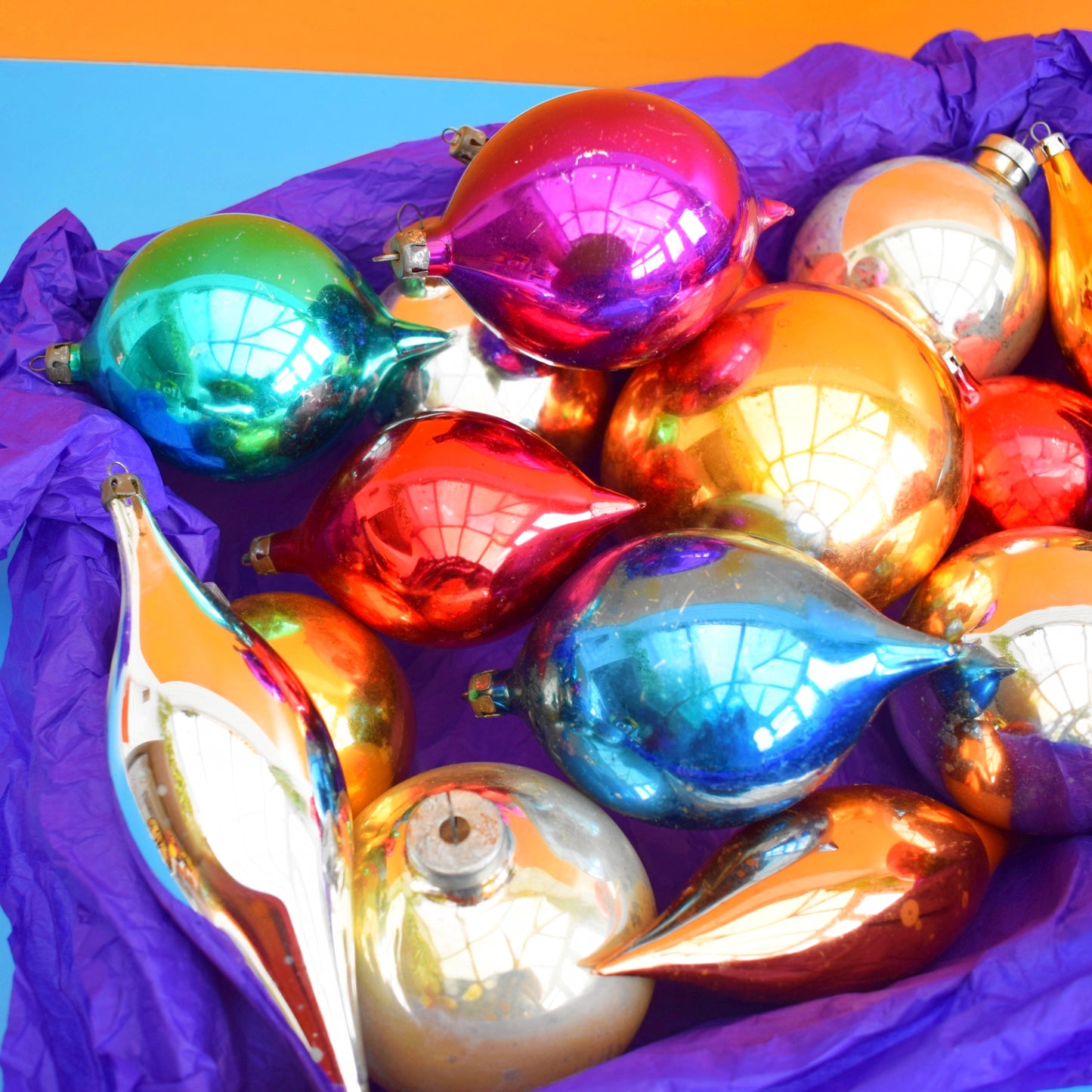 Vintage 1970s Glass Christmas Baubles - Large Tear Drops / Balls