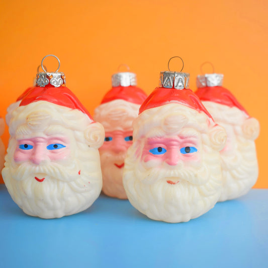 Vintage 1980s Plastic Santa Head Decorations x6