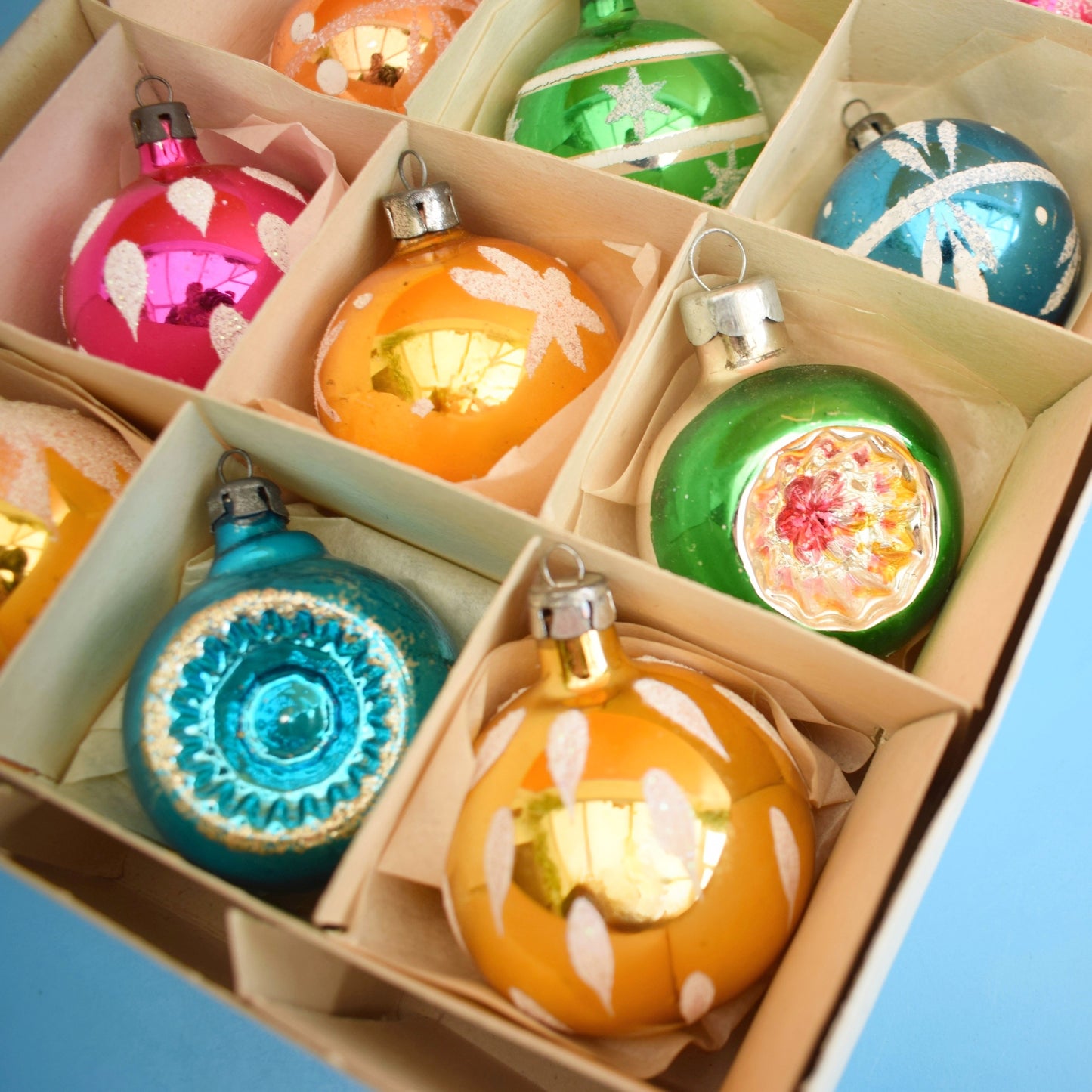 Vintage 1960s Glass Christmas Baubles- Boxed Medium- Pink/ Gold /Green/ Blue