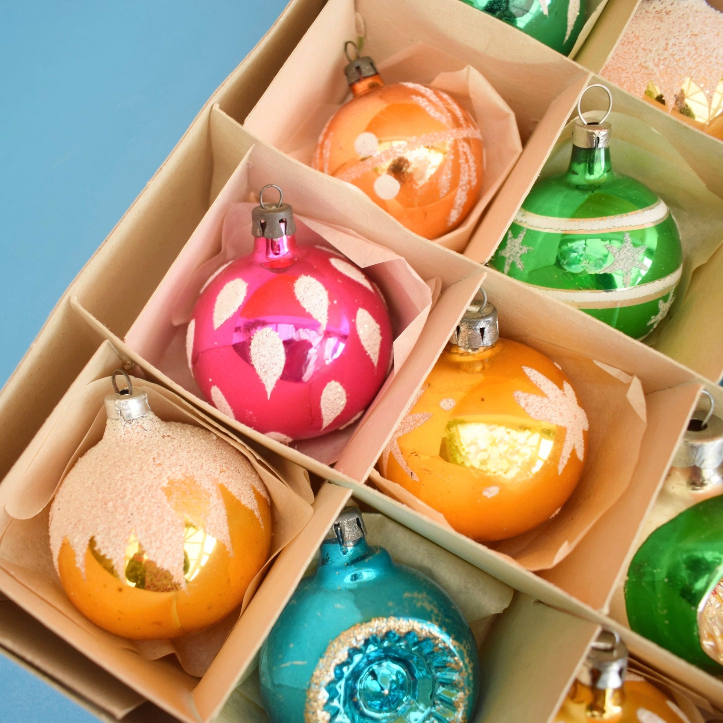 Vintage 1960s Glass Christmas Baubles- Boxed Medium- Pink/ Gold /Green/ Blue