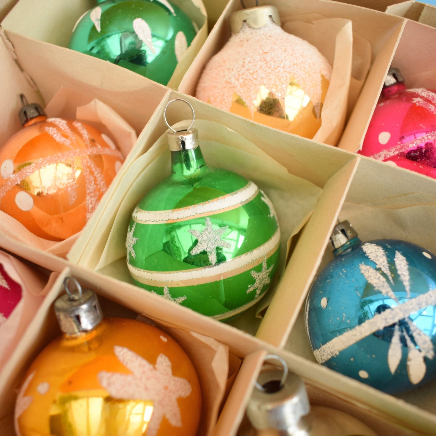 Vintage 1960s Glass Christmas Baubles- Boxed Medium- Pink/ Gold /Green/ Blue