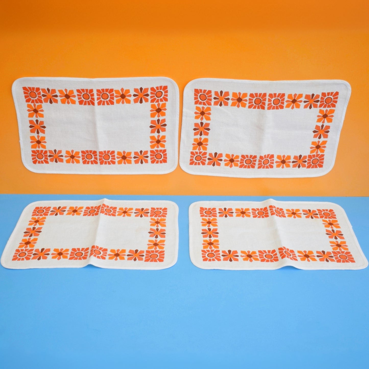 Vintage 1960s Linen Placemats x4 - Orange Flowers by Pineapple Retro
