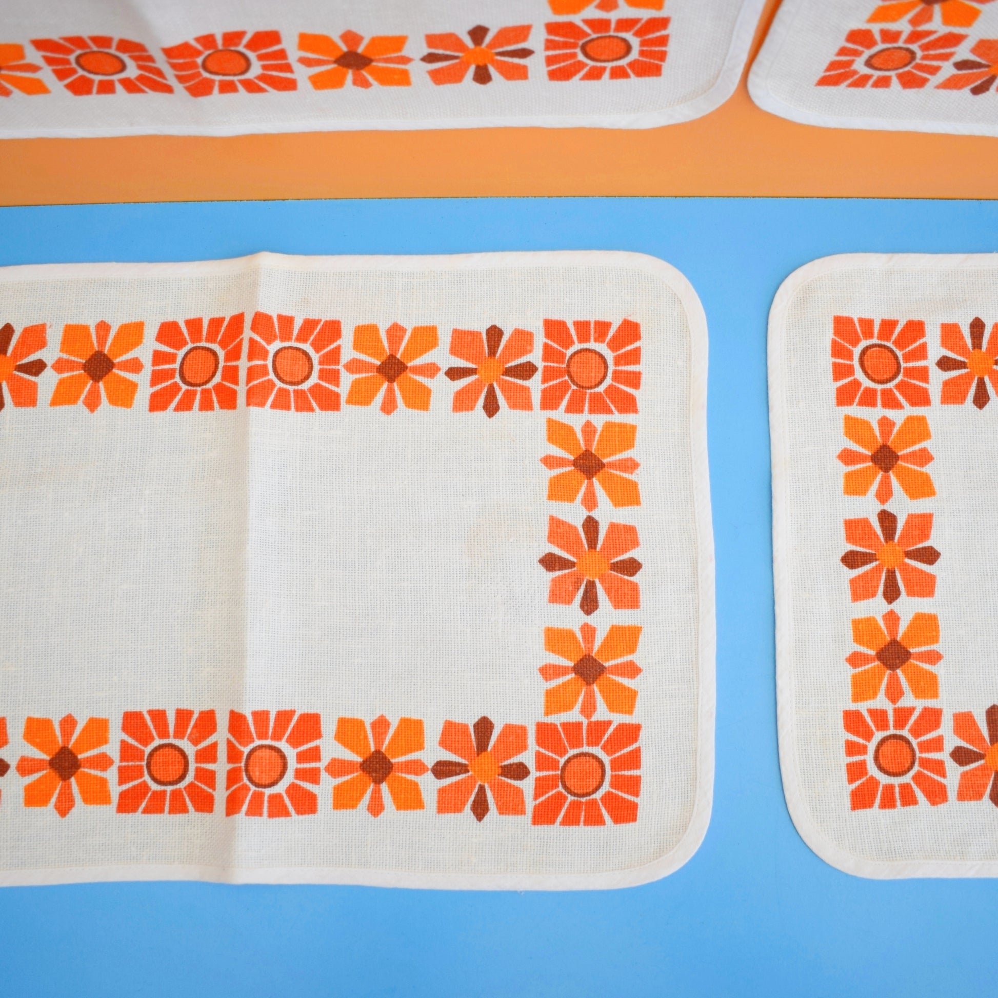 Vintage 1960s Linen Placemats x4 - Orange Flowers by Pineapple Retro