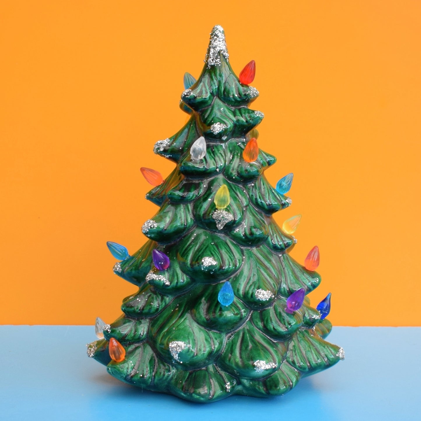 Vintage 1990s Mini Ceramic Christmas Tree Lamp - Rainbow Bulbs