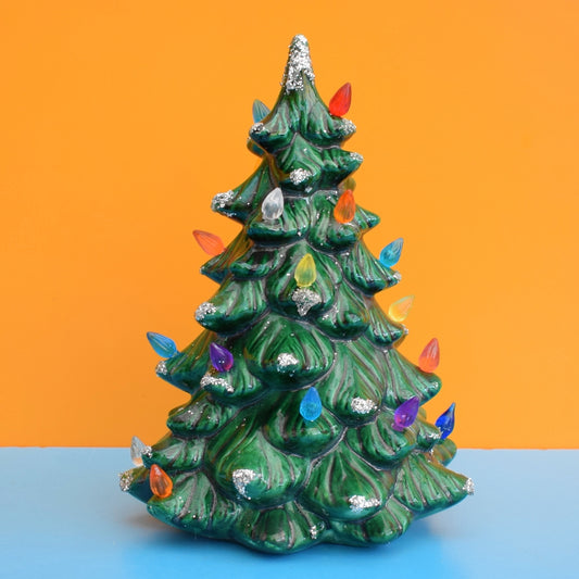 Vintage 1990s Mini Ceramic Christmas Tree Lamp - Rainbow Bulbs