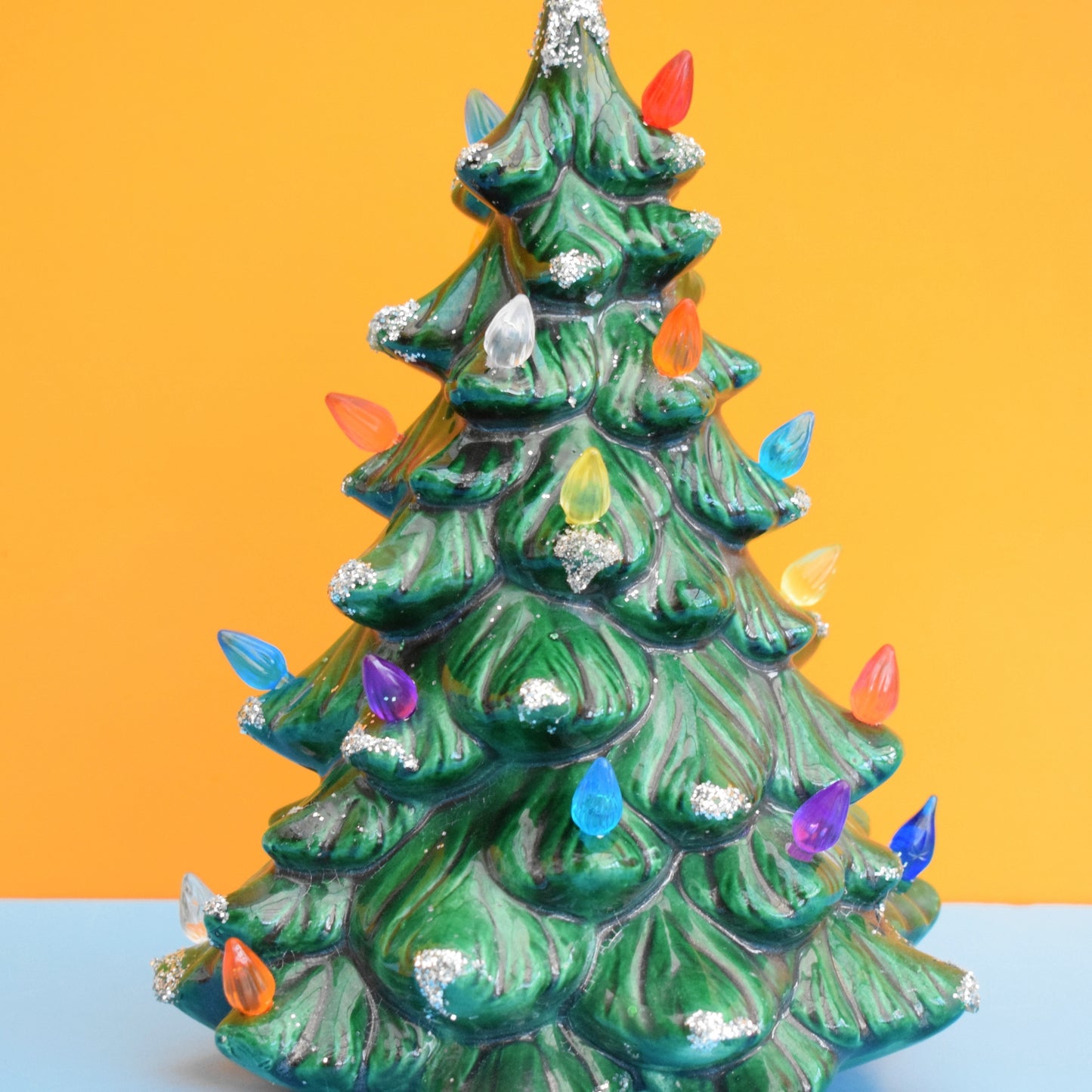 Vintage 1990s Mini Ceramic Christmas Tree Lamp - Rainbow Bulbs
