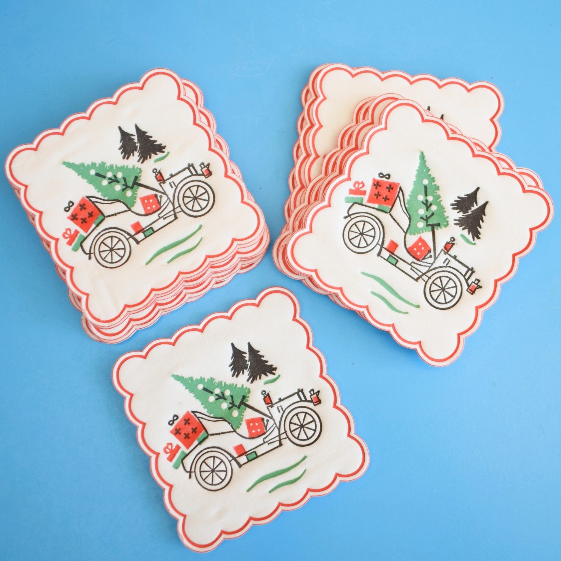 Vintage 1960s Kitsch Christmas Paper Coasters - Car x19 by Vintage