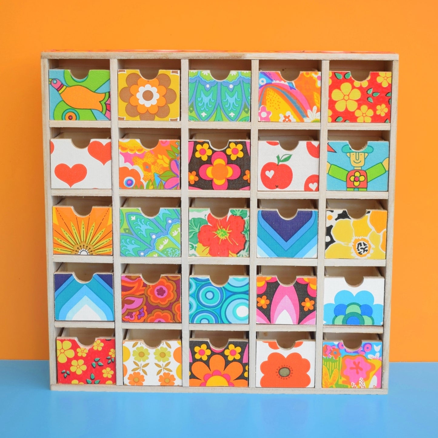 Retro Wooden Multi Drawer Unit - Vintage Wallpapers - Patchwork - Brights