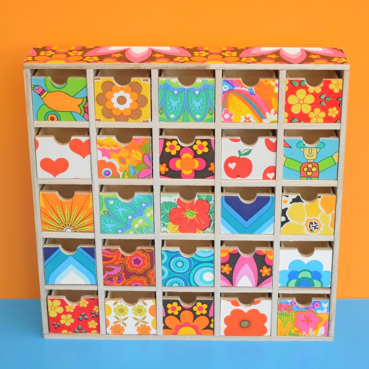 Retro Wooden Multi Drawer Unit - Vintage Wallpapers - Patchwork - Brights