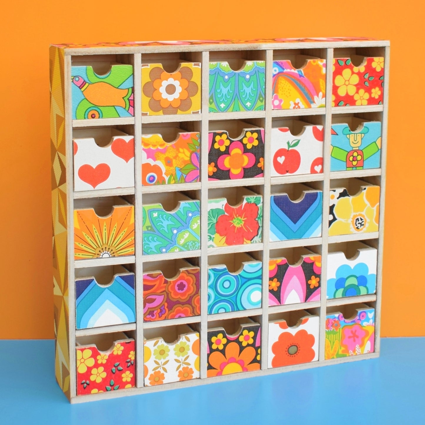 Retro Wooden Multi Drawer Unit - Vintage Wallpapers - Patchwork - Brights