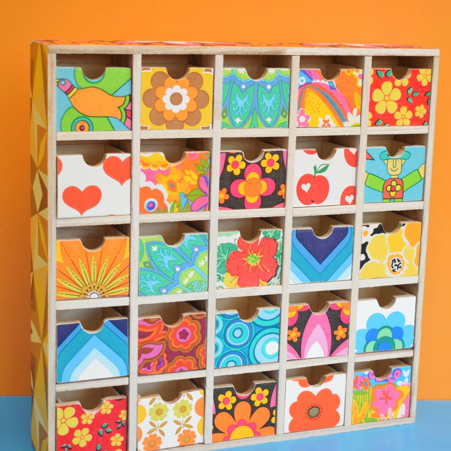 Retro Wooden Multi Drawer Unit - Vintage Wallpapers - Patchwork - Brights