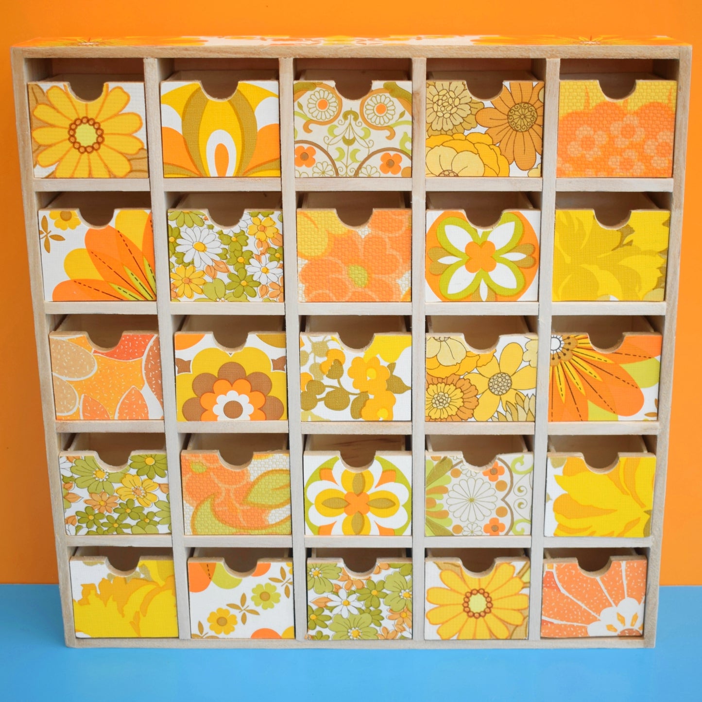 Retro Wooden Multi Drawer Unit - Vintage Wallpapers - Patchwork - Spring Yellows