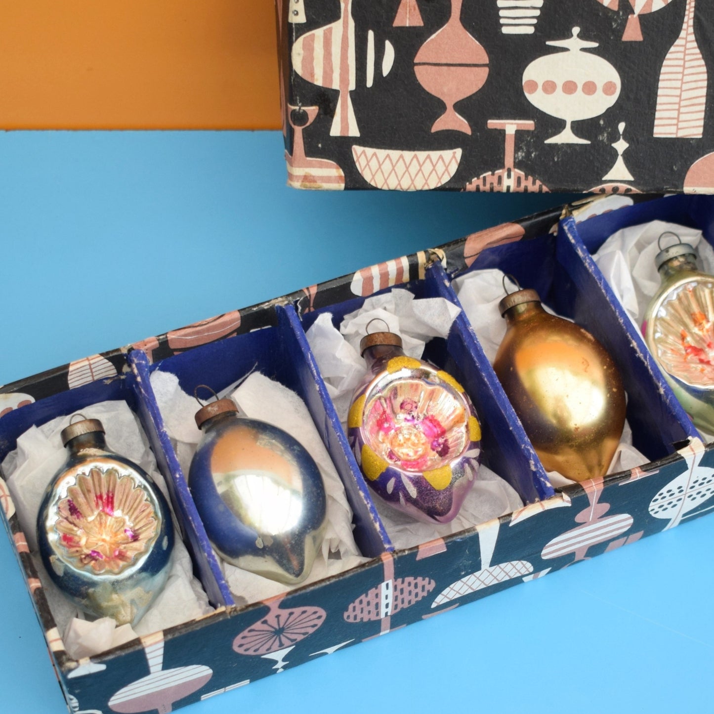 Vintage 1960s Glass Christmas Baubles- Lovely Graog Box