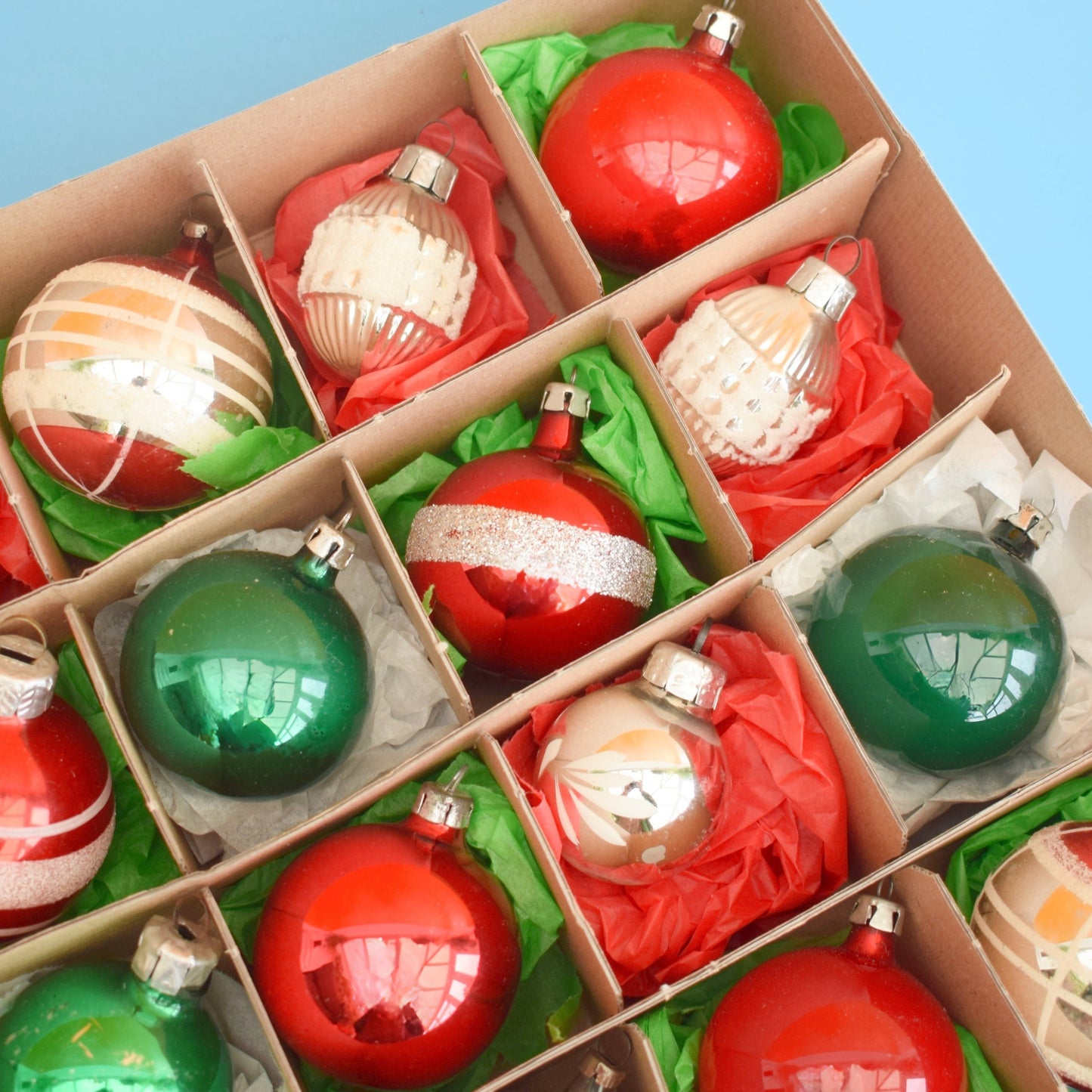 Vintage 1970s Mixed Glass Christmas Baubles- Boxed x24 by Pineapple Retro
