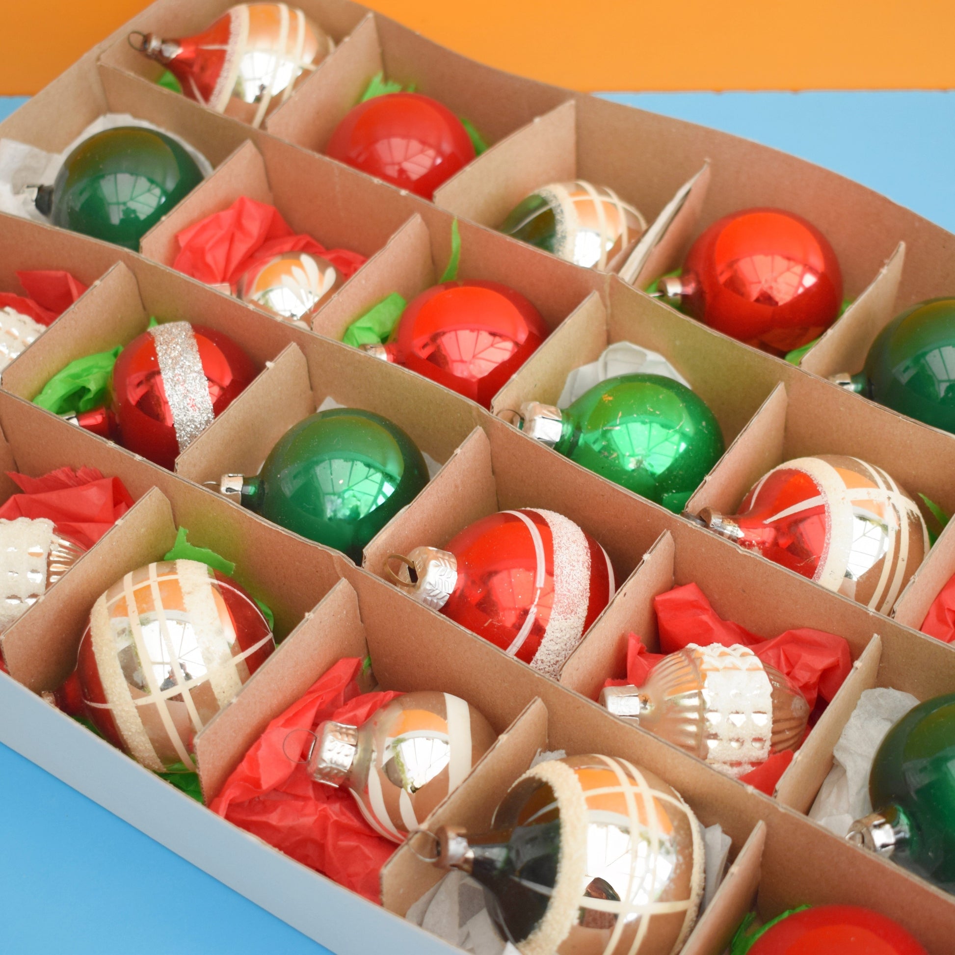 Vintage 1970s Mixed Glass Christmas Baubles- Boxed x24 by Pineapple Retro