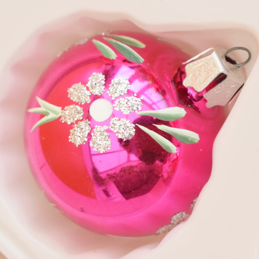 Vintage 1980s Glass Christmas Baubles - Boxed - Pink Flowers