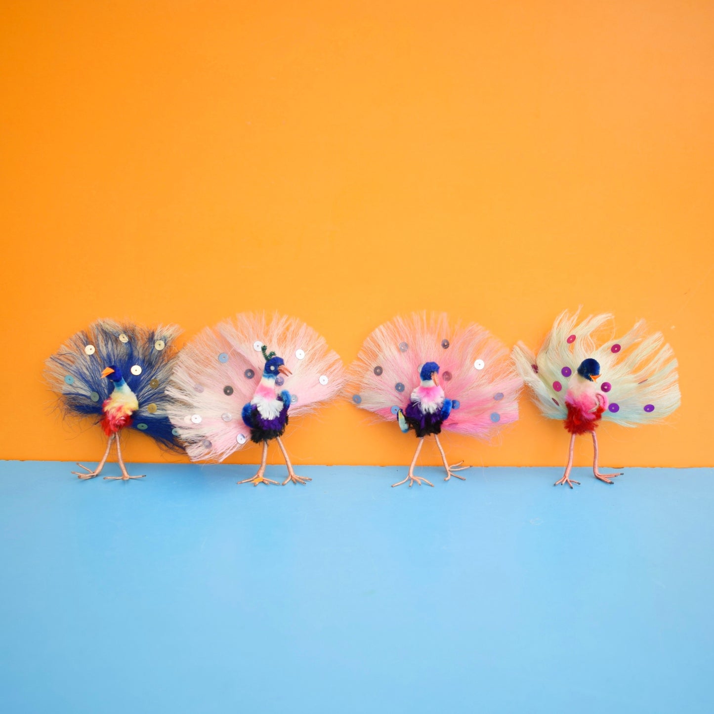 Vintage 1960s Kitsch Pipe Cleaner Peacocks x4
