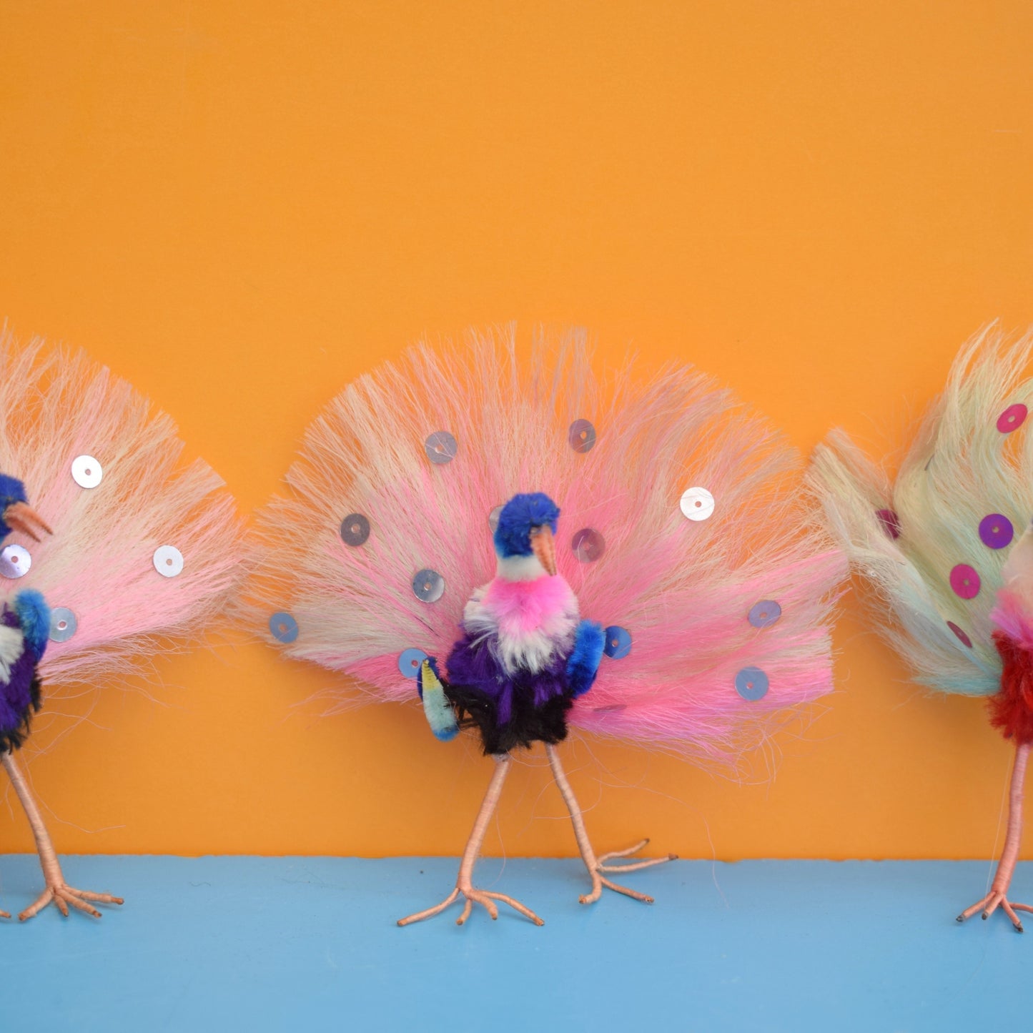 Vintage 1960s Kitsch Pipe Cleaner Peacocks x4