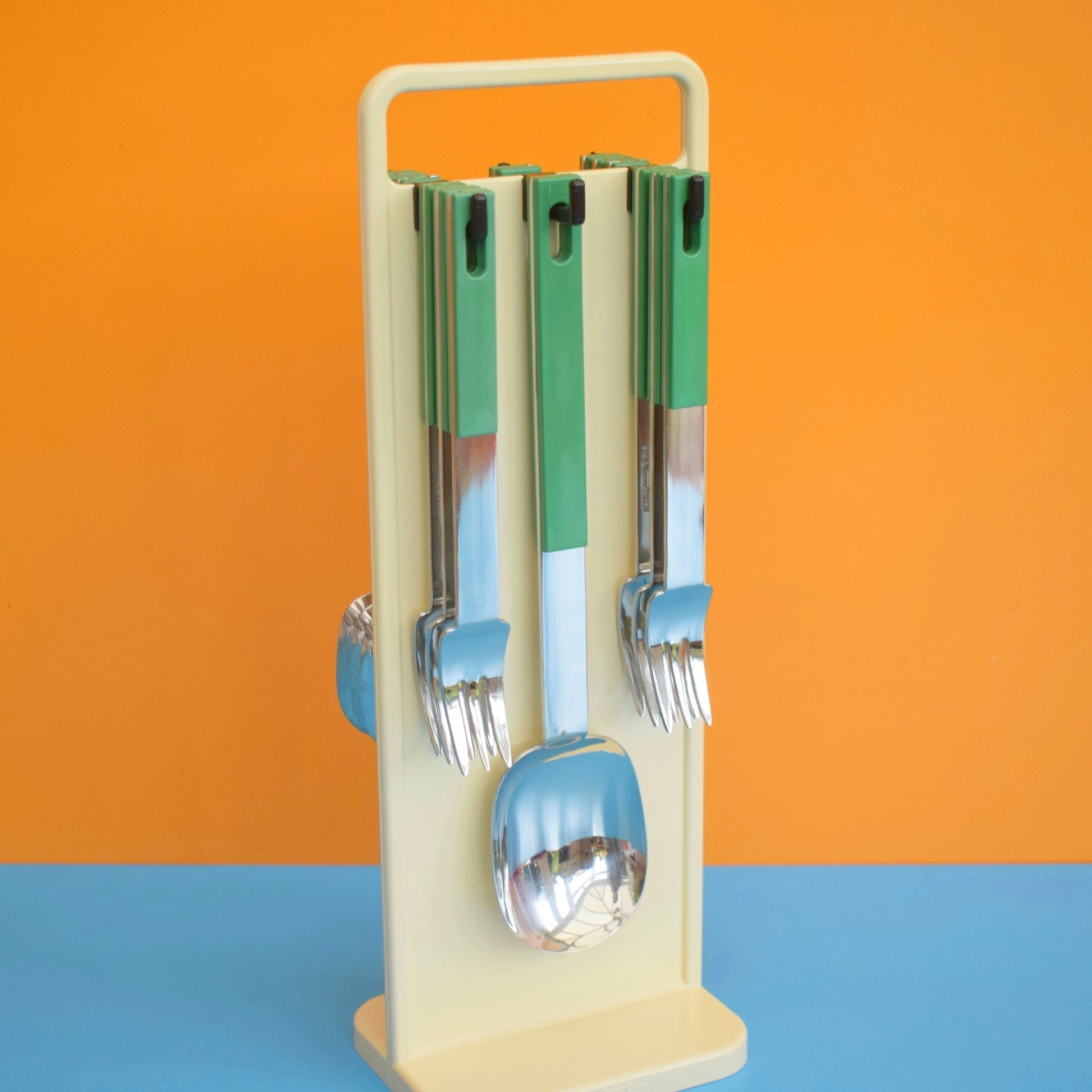 Vintage 1980s Italian Cutlery On Stand - Abert Nicrosil - ABS Plastic - Green by Vintage