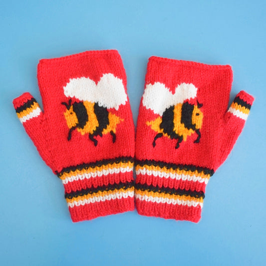 Retro Hand Knitted Fingerless Gloves - Adult - Bumble Bees - Crimson by Vintage