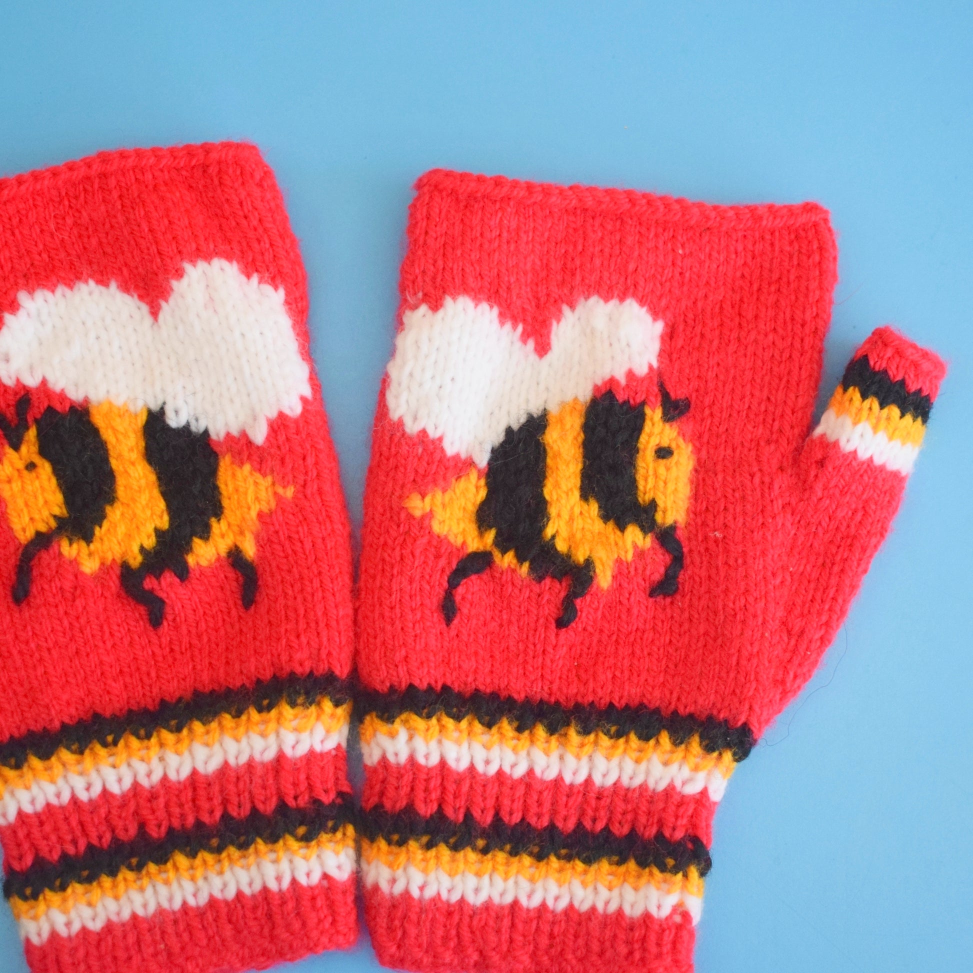 Retro Hand Knitted Fingerless Gloves - Adult - Bumble Bees - Crimson by Vintage