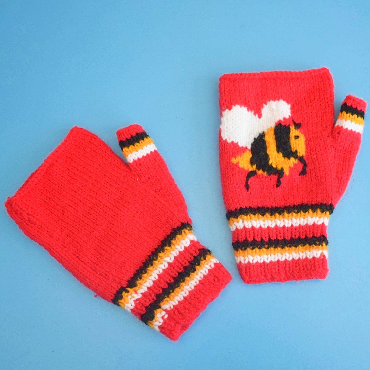 Retro Hand Knitted Fingerless Gloves - Adult - Bumble Bees - Crimson by Vintage