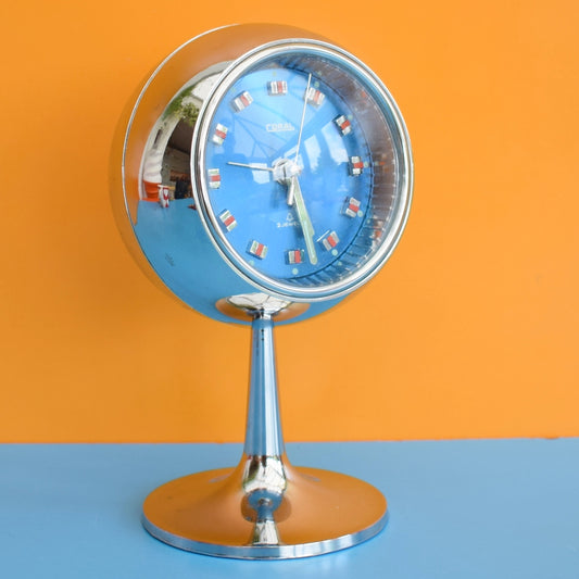 Vintage 1960s Ball Pedestal Alarm Clock - Blue & Chrome