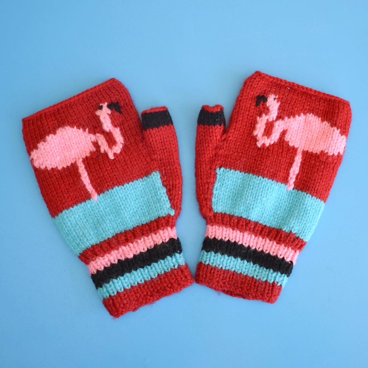 Retro Hand Knitted Fingerless Gloves - Small Adult - Flamingo