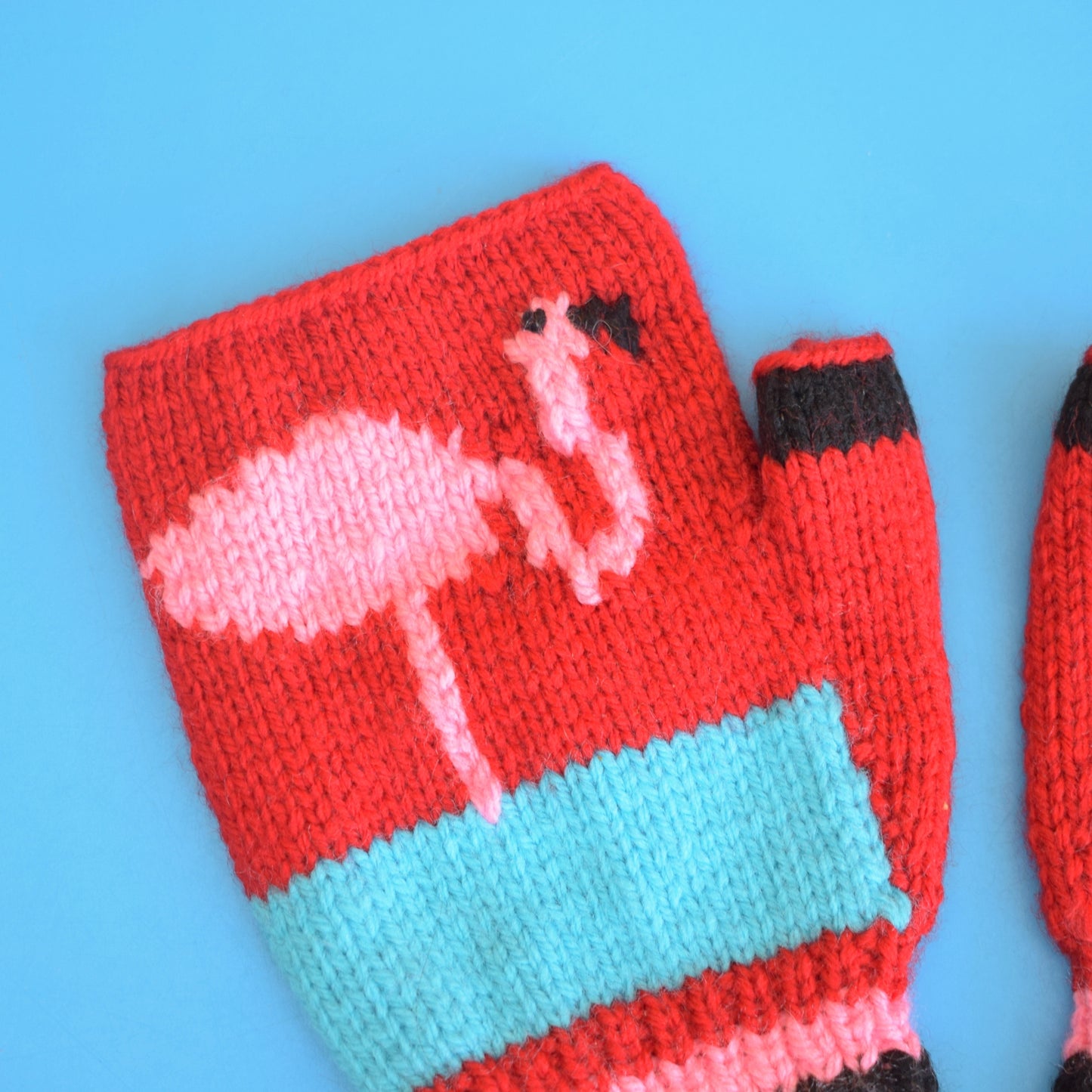Retro Hand Knitted Fingerless Gloves - Small Adult - Flamingo