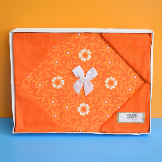 Vintage 1970s Boxed Tablecloth & Napkin Set - Orange