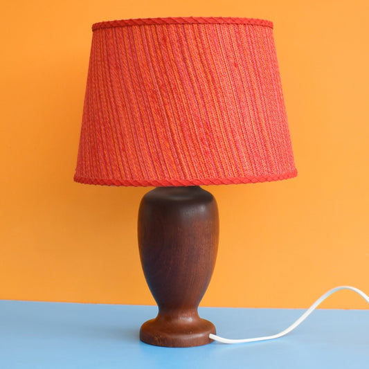 Vintage 1960s Wooden Teak Table Lamp & Shade- Orange/ Pink