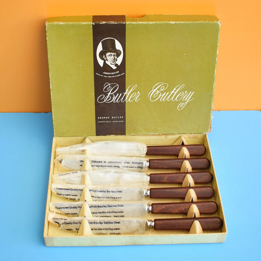 Vintage 1960s Teak Steak Knives - Butler - Boxed