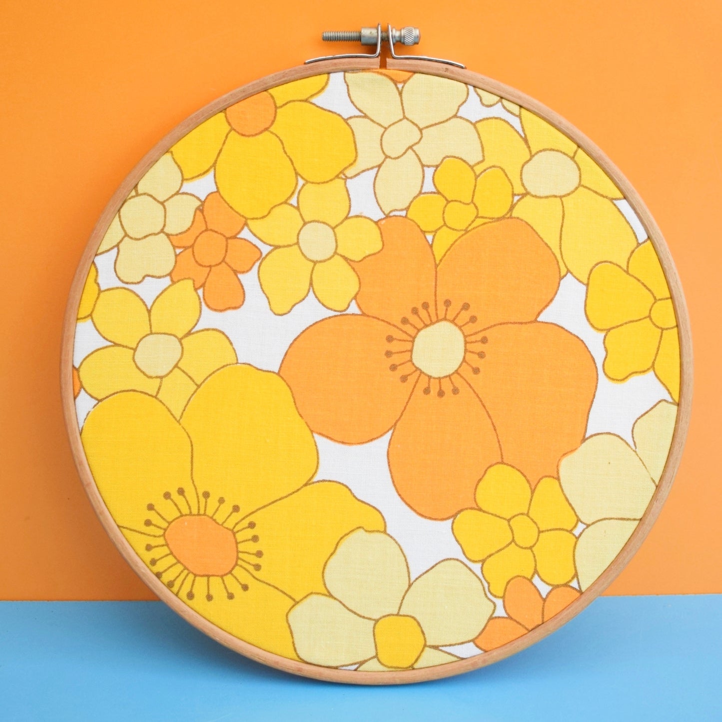 Vintage 1960s Medium Fabric Wall Art Circle - Flower Power -Orange & Yellow