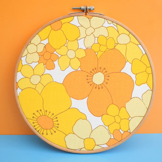 Vintage 1960s Medium Fabric Wall Art Circle - Flower Power -Orange & Yellow